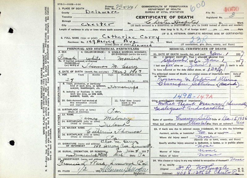 Catherine Anna Maloney Carry - Death Certificate.jpg - 1937 Death certificate of Catherine Carry (1907-1937), daughter of James Maloney and Catherine (Thomas) Maloney